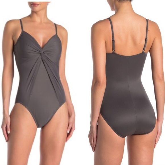 NWT Miraclesuit Love Knot Grey One Piece Swimsuit Size 12 - Picture 1 of 14